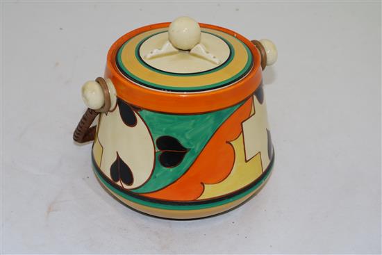 A Clarice Cliff Feather and Leaves pattern biscuit barrel, height to finial 16.5cm (6.5in.)